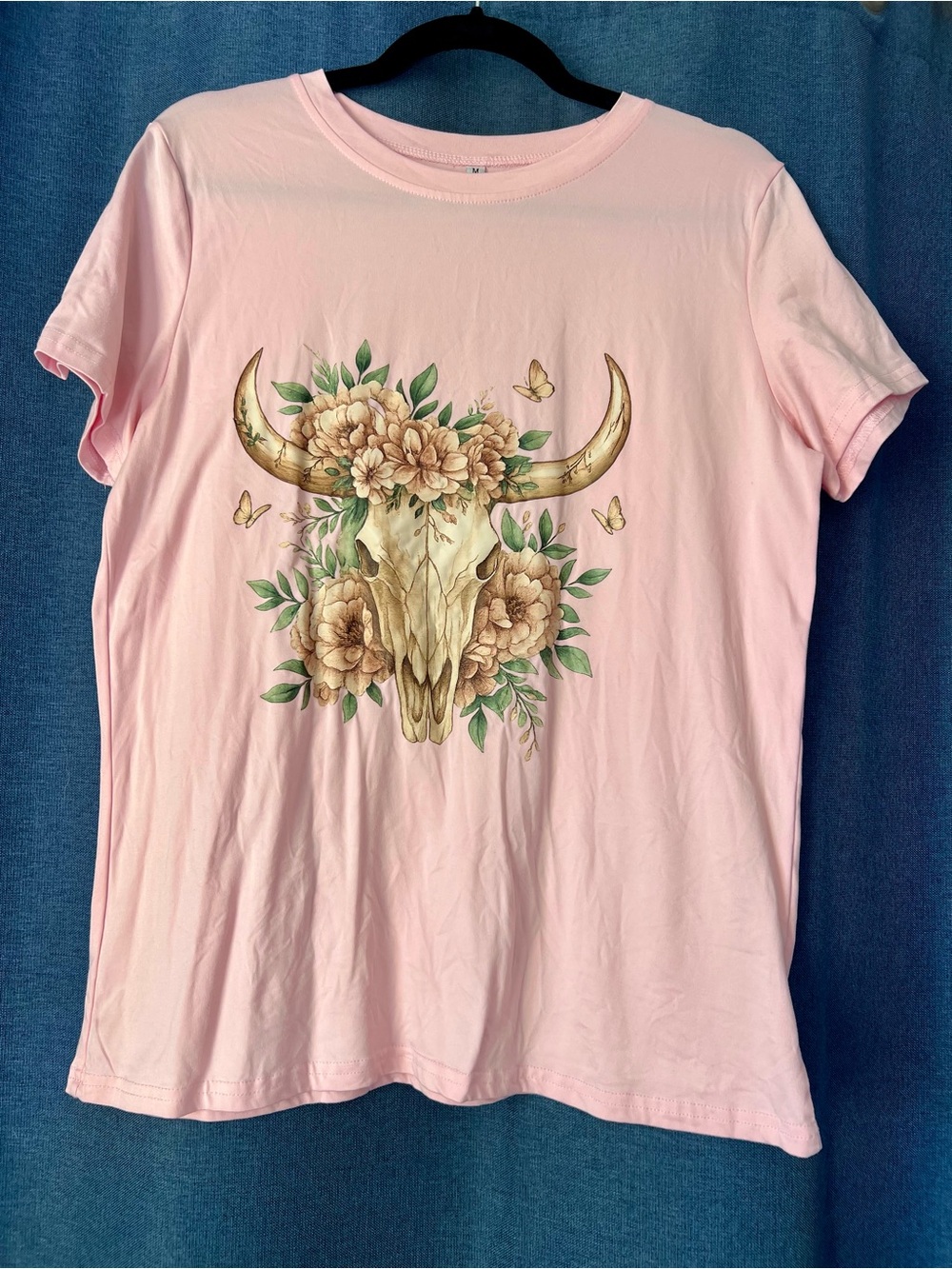 Floral Bull Skull Graphic Tee - Pink